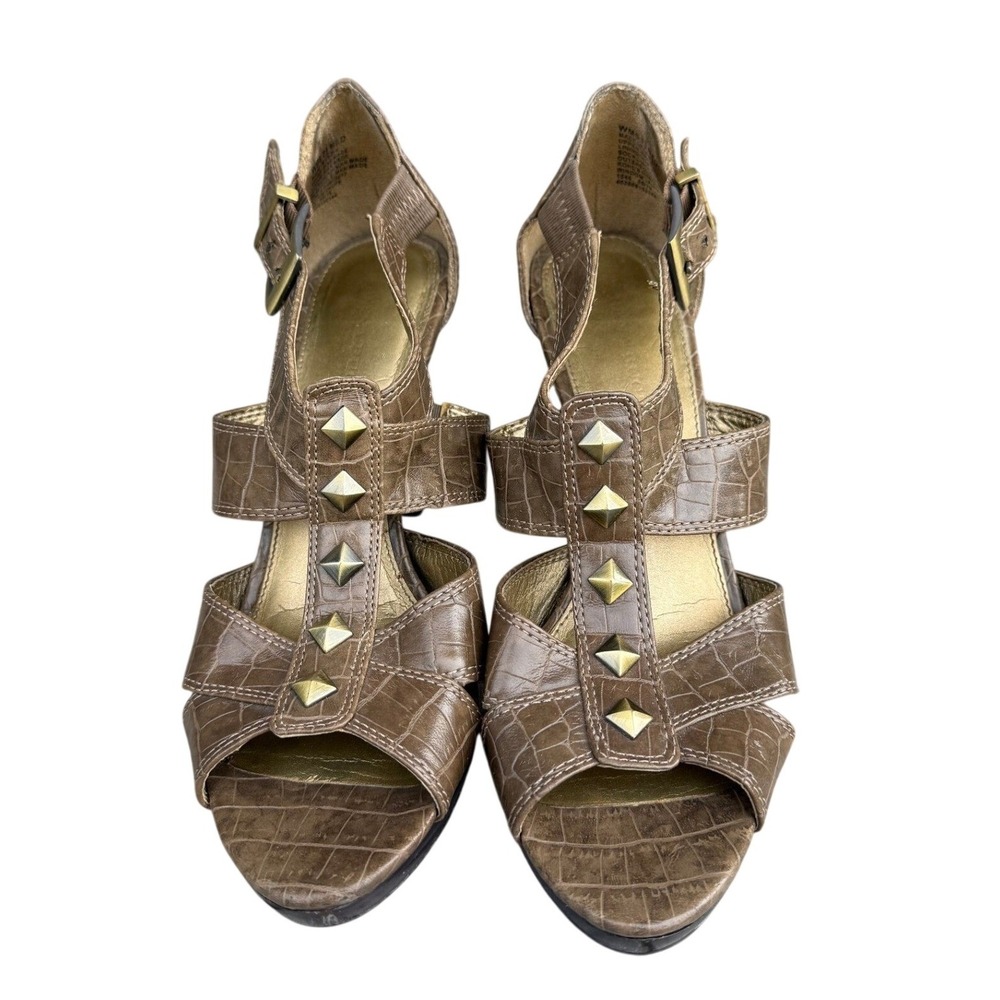 Taupe Crocodile Embossed Studded Y2K Heels Size 7.5